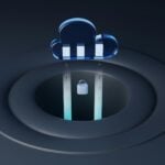 Blue cloud icon above glowing vertical pillars with upward arrows and a padlock, illustrating secure cloud storage.
