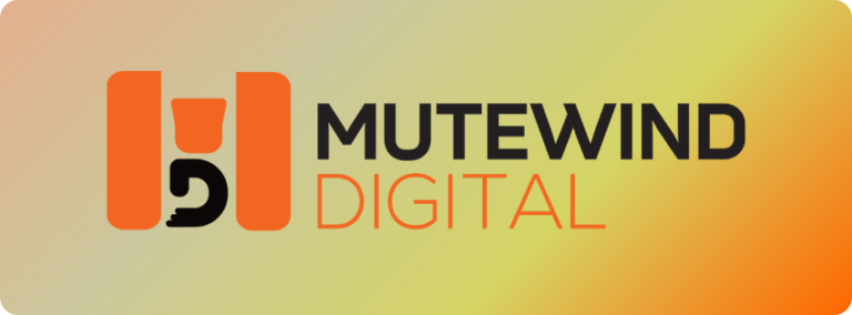 MUTEWIND DIGITAL logo on a soft gradient background; orange left mark and bold black MUTEWIND with orange DIGITAL.
