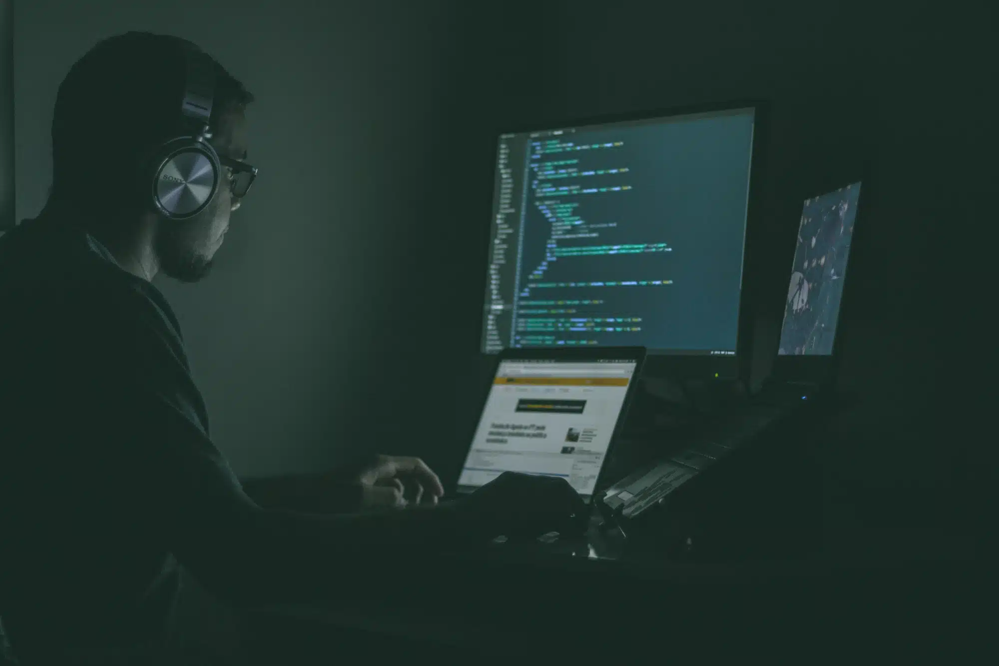A person wearing over-ear headphones and glasses sits at a dim desk, coding on a large monitor with a laptop.