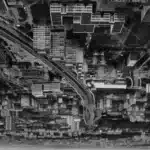 Aerial view of a dense city with many high-rise buildings and a curved elevated highway cutting through, in grayscale.