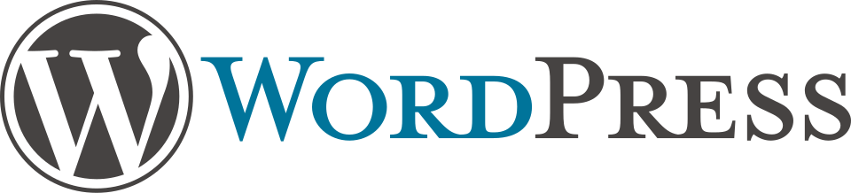 WordPress logo with blue “Word” and gray “Press” text; circular emblem on left featuring a stylized W inside a dark circle.